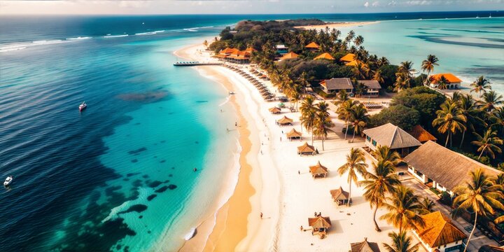 A breathtaking aerial shot capturing a pristine beach, emerald waters, and dense palm trees under sunny skies, ideal for travel and nature themes.