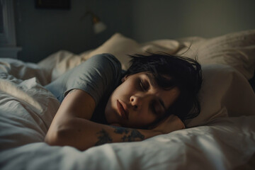 Sad, lonely woman in bed