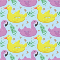Seamless pattern with pink flamingo and yellow duck. A float for the pool. Inflatable colorful ducks and flamingos. A swimming circle. Vector template for your summer beach design