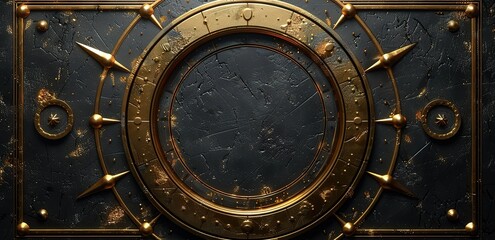 A golden circular shape with a spear circling beside it was attached to the textured black wall
