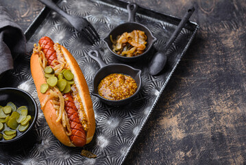 Hot dog with sausages. Traditional American fast food