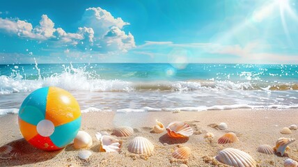 Obraz premium Bright Sunny Day at the Beach with Colorful Beach Ball and Seashells