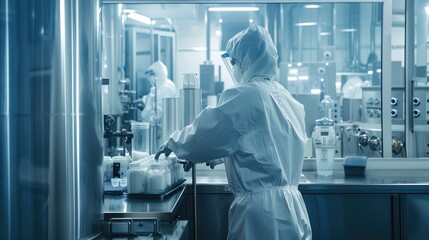 Naklejka premium Clean production room with worker in white protective gown. Biotechnology production facility. food science