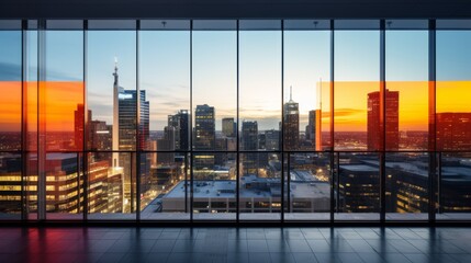 Naklejka premium Scenic cityscape view from high rise building window with vibrant modern urban colors