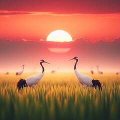 Naklejka premium Couple red-crowned cranes are standing neatly sunset at the rice fields with a golden sheen landscape