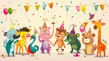 Obraz premium A whimsical group of cartoon animals celebrating a birthday party with colorful hats and confetti.