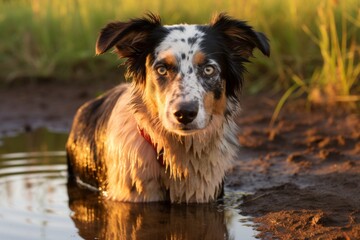 Thirsty dog satisfying its hydration needs by drinking water from a puddle on the ground