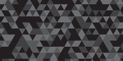 Abstract geometric black and gray background seamless mosaic and low polygon triangle texture wallpaper. Triangle shape retro wall grid pattern geometric ornament tile vector square element.