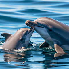 Fototapeta premium baby dolphin kissing its mother International Kissing generative ai