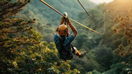 close up young man engaged in a thrilling zipline adventure. Travel adventure with outdoor. Vacation lifestyle