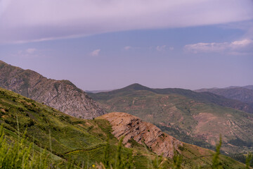 The mountains are covered in trees and the sky is clear
