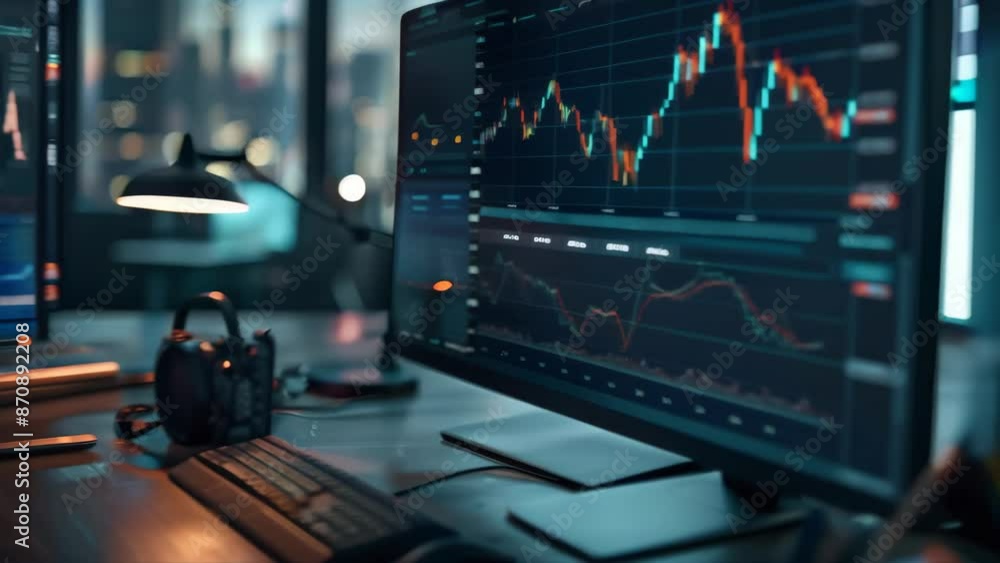 Poster Trading workstation with multiple screens displaying stock market charts. Modern office setup for financial analysis and investment tracking. Concept of trading and financial market analysis
