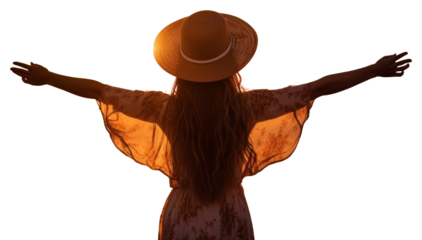 PNG Happy woman weating a hat with arms up enjoy freedom at the beach at sunset outdoors nature adult