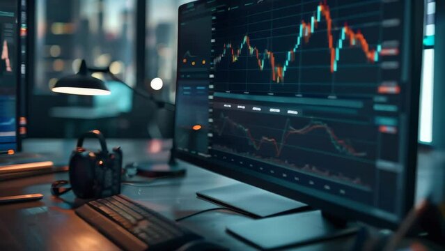 Trading workstation with multiple screens displaying stock market charts. Modern office setup for financial analysis and investment tracking. Concept of trading and financial market analysis
