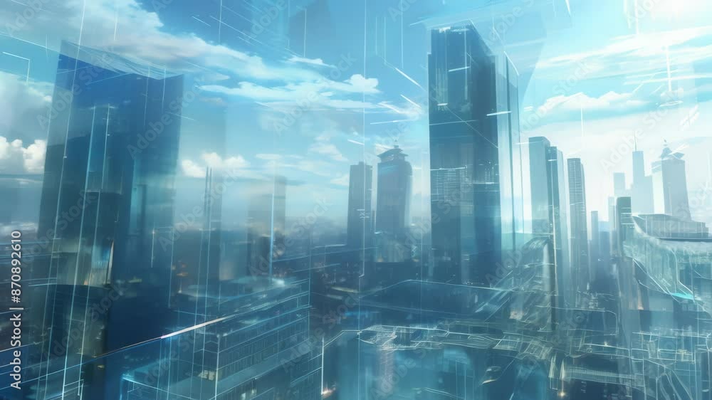Aufkleber high-tech cityscape with glass skyscrapers and digital overlays. modern urban environment with futur