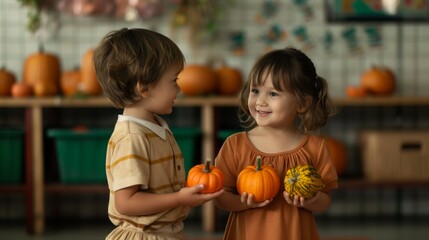 Fototapeta premium Two young children hold pumpkins and smile at each other