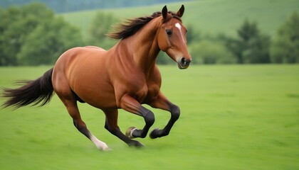 Fototapeta premium a brown horse running across a lush green field, beautiful horse, beautiful serene horse, horse is running generative ai