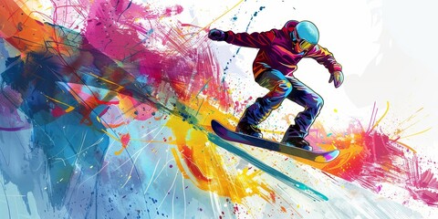 Naklejka premium Dynamic Snowboarder in Vibrant Abstract Splash Art