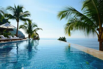 Piscina infinita en un resort de lujo con vista al mar, rodeada de tumbonas y palmeras