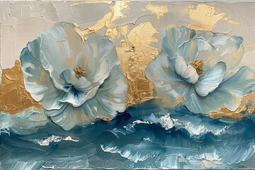 flowers, gold and blue oil painting with thick brush strokes