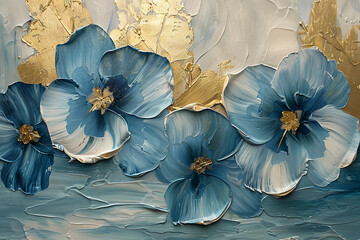 flowers, gold and blue oil painting with thick brush strokes