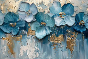 flowers, gold and blue oil painting with thick brush strokes