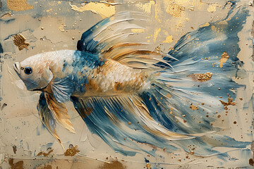 betta fish, gold and blue oil painting with thick brush strokes