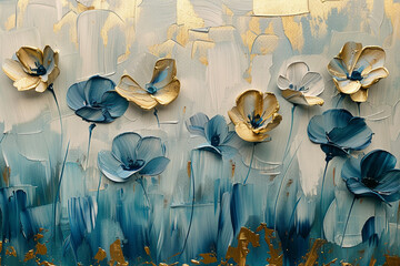 flowers, gold and blue oil painting with thick brush strokes