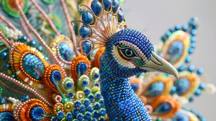 Obraz premium Artisan creating a detailed peacock sculpture from beads
