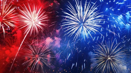 Fototapeta premium Vibrant Red and Blue Fireworks Illuminating Night Sky