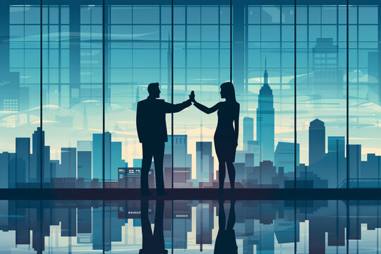 Illustration of a businesswoman and a businessman giving each other high five in an office with a gib window and a view over the cityscape