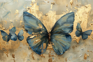 butterfly, gold and blue oil painting with thick brush strokes