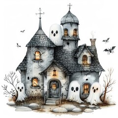 Cute cartoon haunted house with ghosts. Watercolor illustration, Halloween, white background