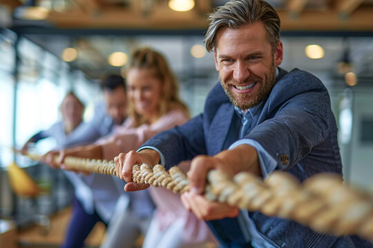 Teamwork concept, a group of businessmen and businesswomen holding on to a rope while playing tug of war during a team building activity at the office