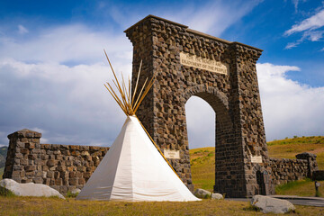 Roosevelt Arch, monumental stone arch built in 1903 at the north entrance to Yellowstone National...