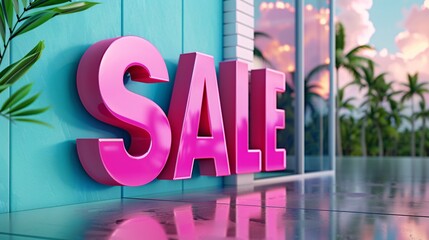 Pink Sale Sign with Tropical Background.