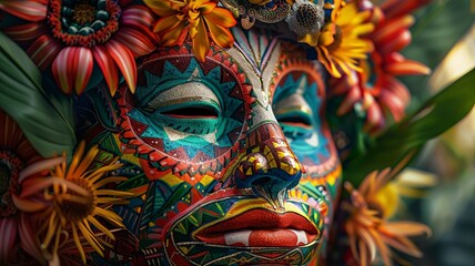 Obraz premium Vibrant Floral Mask with Colorful Pattern and Jungle Vibes