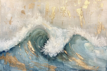 abstract waves, gold and blue oil painting with thick brush strokes