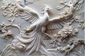 bas-relief, gypsum, beautiful phoenix, masterpiece. Generative AI