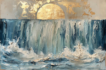 waterfall, gold and blue oil painting with thick brush strokes