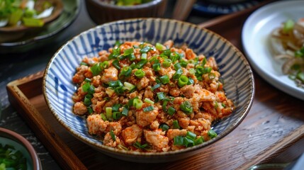 Fototapeta premium Minced chicken and flour mixture known as Gohyong or Ngo Hiang accompanied by tangy sauce