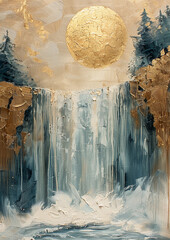 waterfall, gold and blue oil painting with thick brush strokes