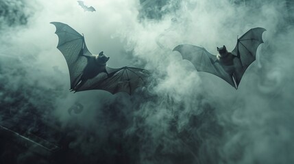 Bats flying in foggy night sky.