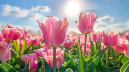 Fototapeta premium Pastel hued tulips under the sun in a Dutch field