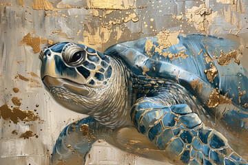 turtle, gold and blue oil painting with thick brush strokes