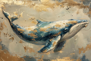 whale, gold and blue oil painting with thick brush strokes