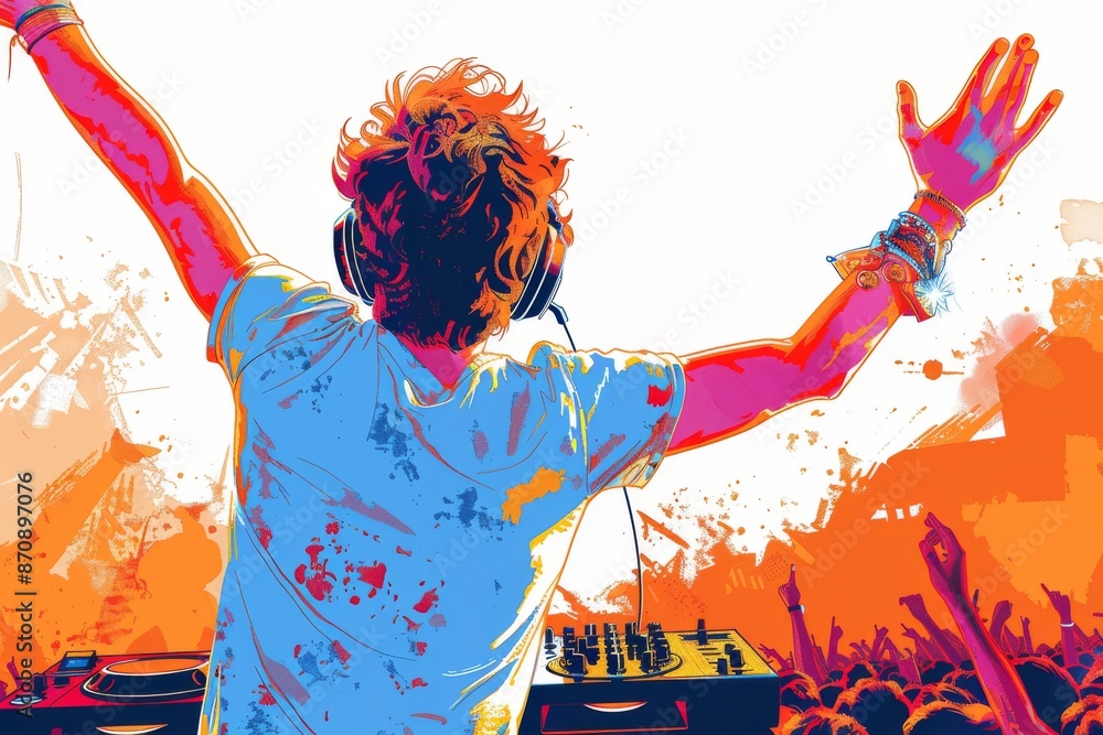 Poster artistic dj illustration with bright colors and dynamic poses capturing the energy and vibes of a li