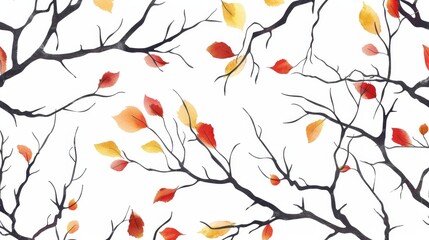 Seamless pattern of bare tree branches with scattered autumn leaves, creating a minimalist and serene design capturing the essence of fall