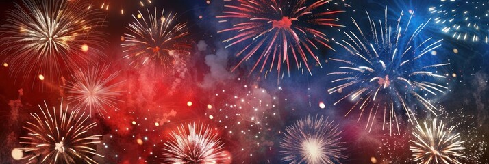 Fototapeta premium Red and blue fireworks celebrating on a smoky night
