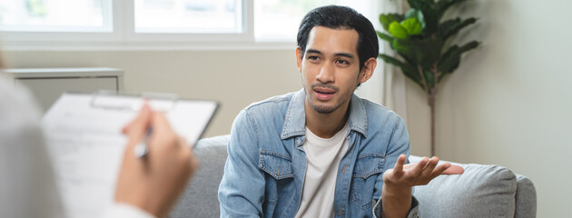 mental health care therapy concept, psychologist counseling to anxiety patient and giving guidance...